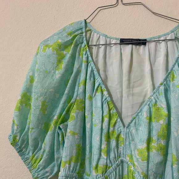 NWT Vineyard Vines Puff Sleeve Dress Green Blue V-Neck Mini Floral Pockets Sz XS - Picture 2 of 10